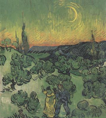 Vincent Van Gogh Landscape with Couple Walking and Crescent Moon (nn04) France oil painting art